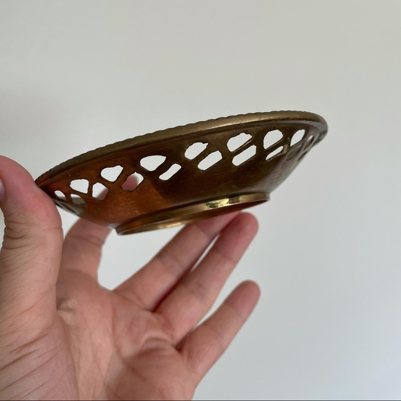 Vintage Solid Brass Pierced Bowl – Raised Floral Rose Motif – Ornate Decorative - Picture 5 of 13